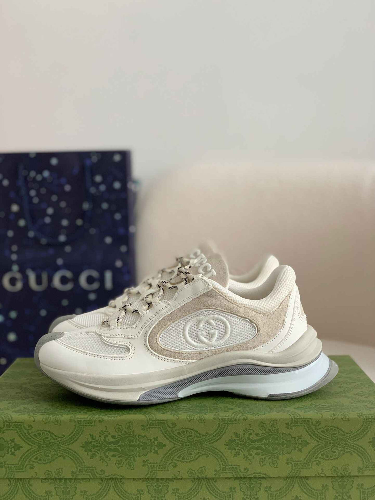 Gucci Men's Runner Sneaker – White & Grey Mesh Leath