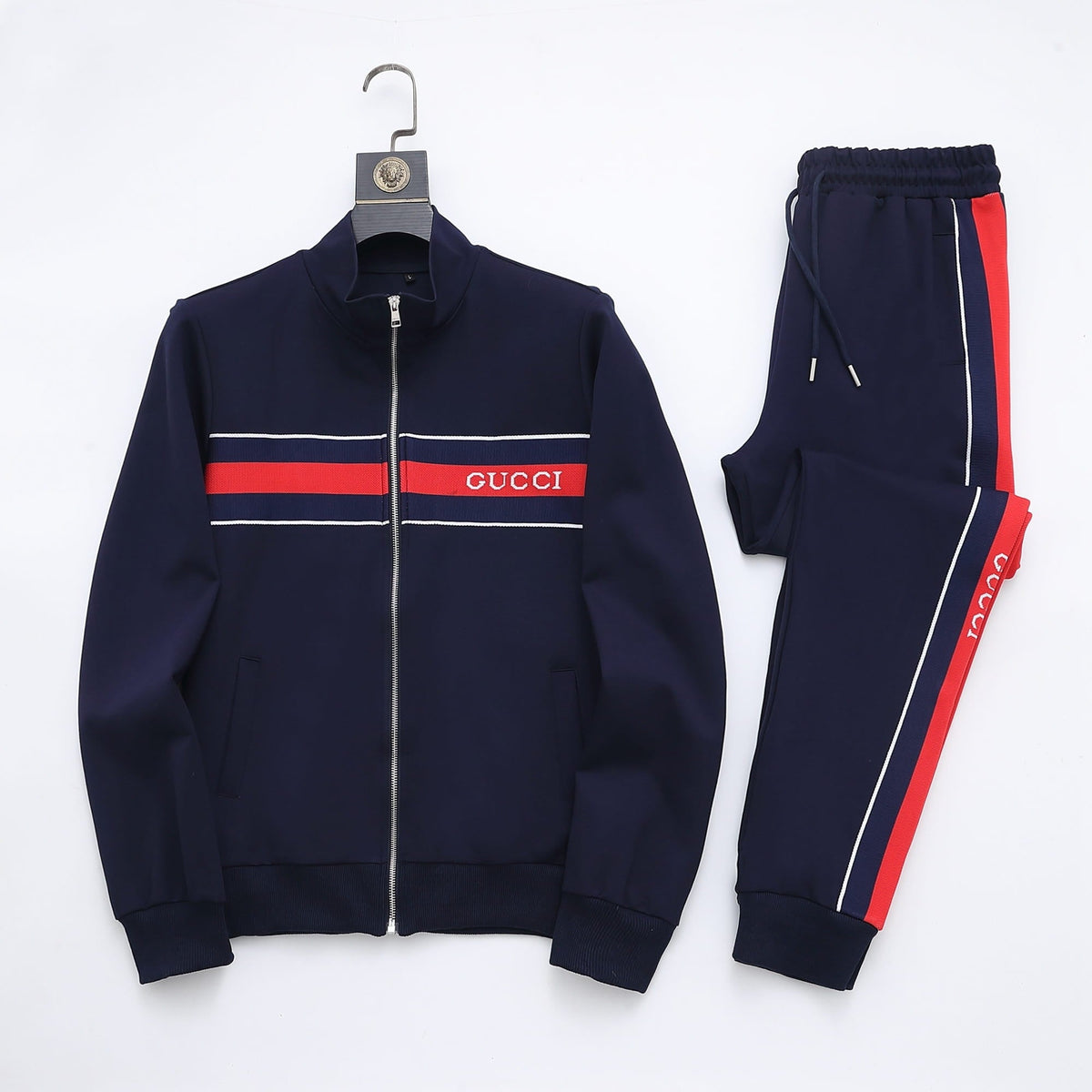Gucci Web Stripe Tracksuit Set - Navy Blue Technical Knit Zip Jacket & Pants