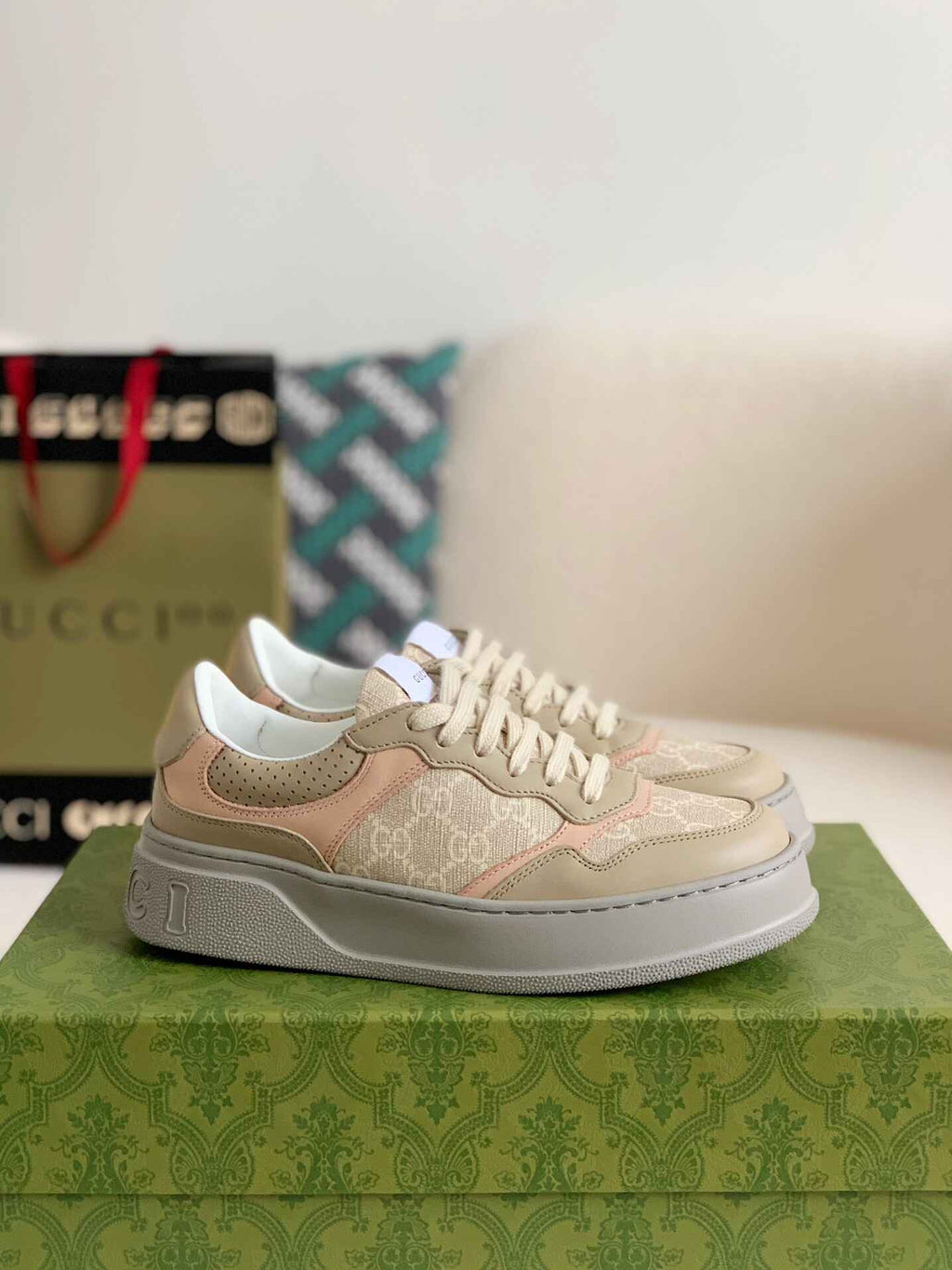 Gucci Re-Web Sneaker – Beige GG Canvas & Pink Leather