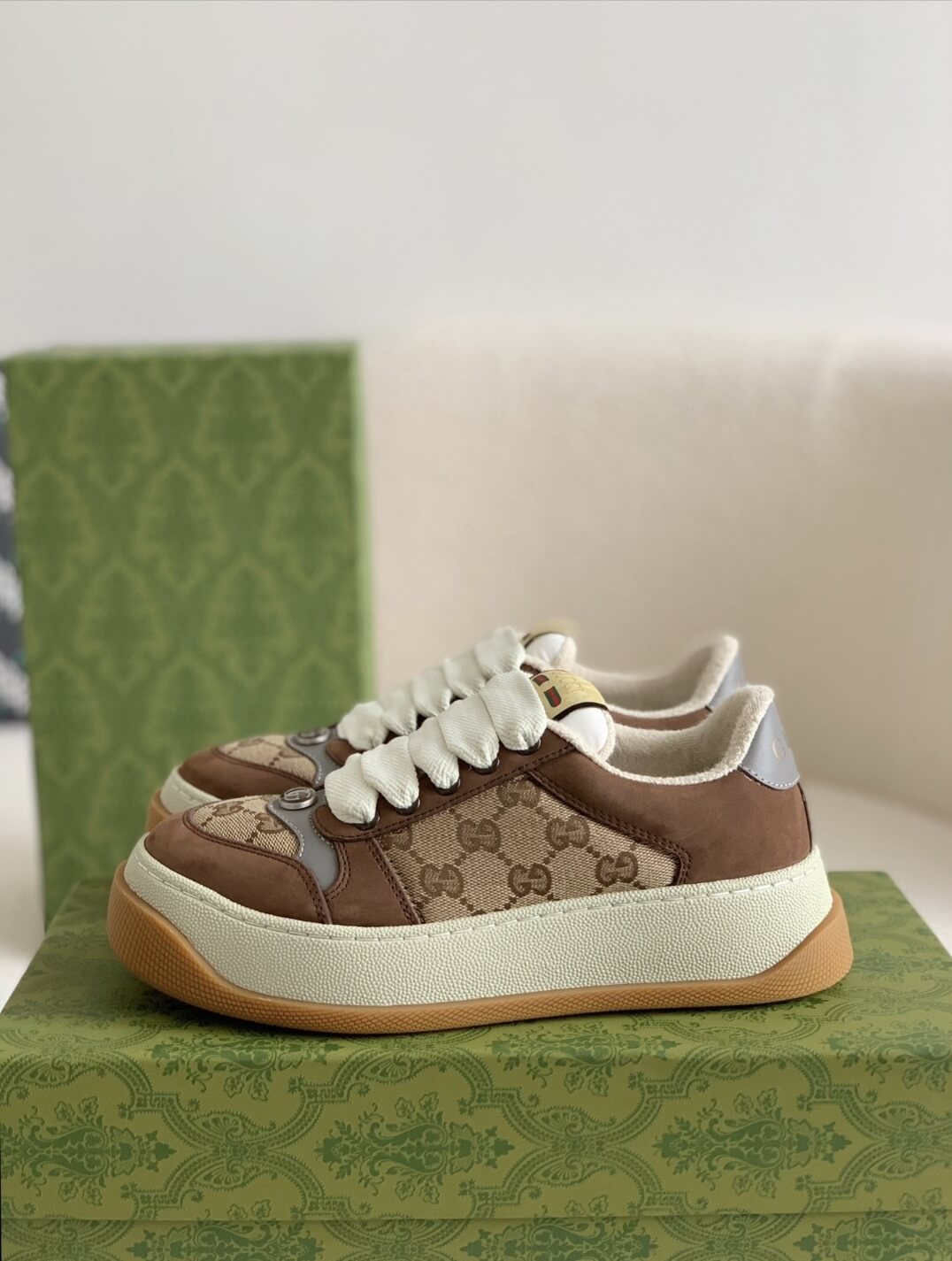 Gucci Re-Web Sneaker – Beige & Ebony GG Supreme Canvas with Brown Suede