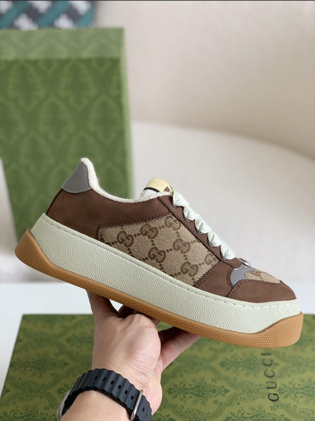 Gucci Re-Web Sneaker – Beige & Ebony GG Supreme Canvas with Brown Suede