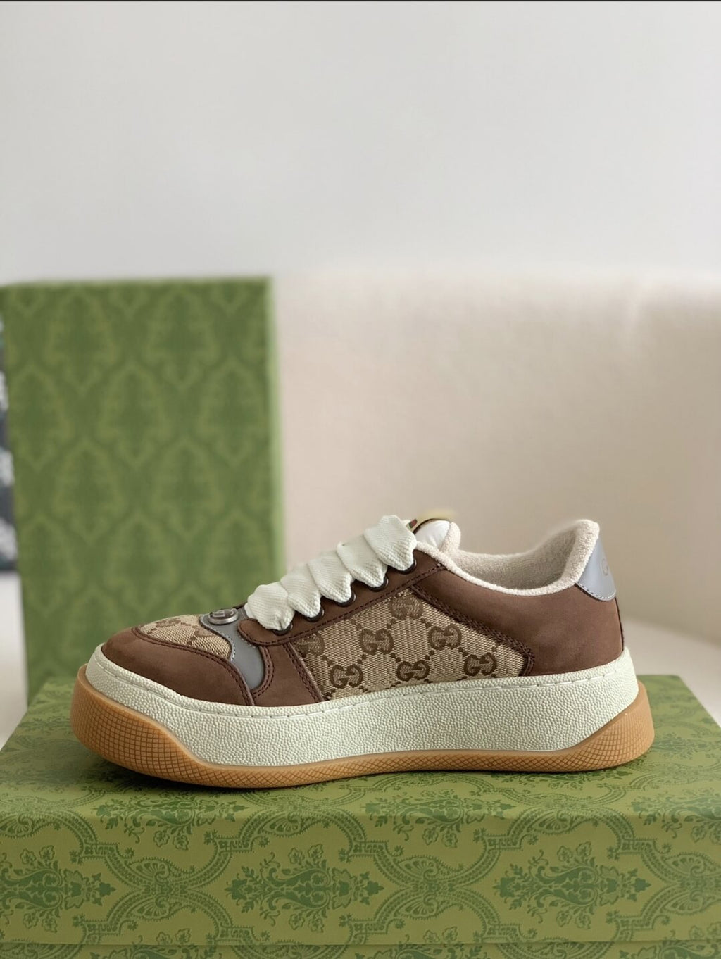 Gucci Re-Web Sneaker – Beige & Ebony GG Supreme Canvas with Brown Suede