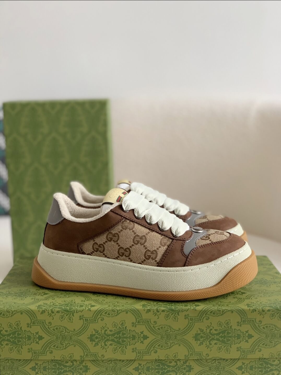 Gucci Re-Web Sneaker – Beige & Ebony GG Supreme Canvas with Brown Suede