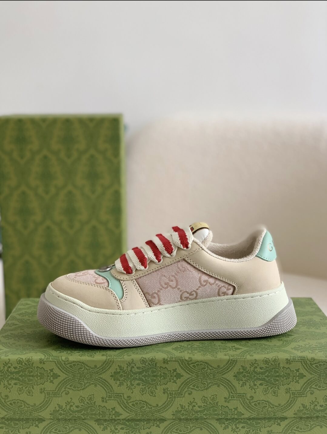 Gucci Re-Web Sneaker – Beige & Pink GG Canvas with Mint Accents