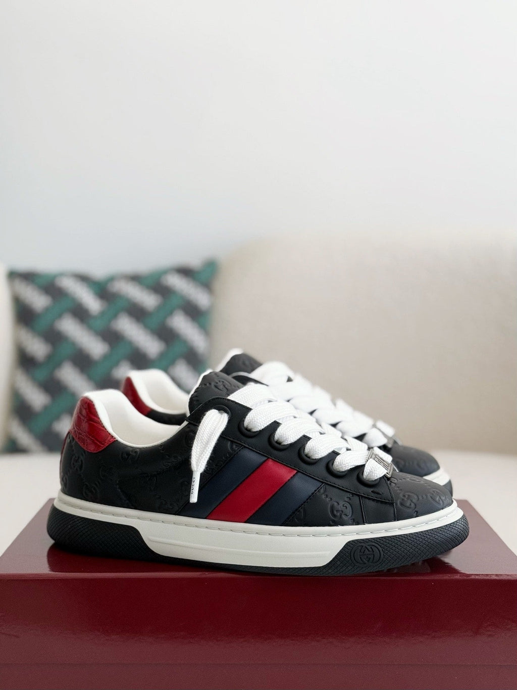Gucci Re-Web Sneaker – Black GG Embossed Leather with Red & Blue Web
