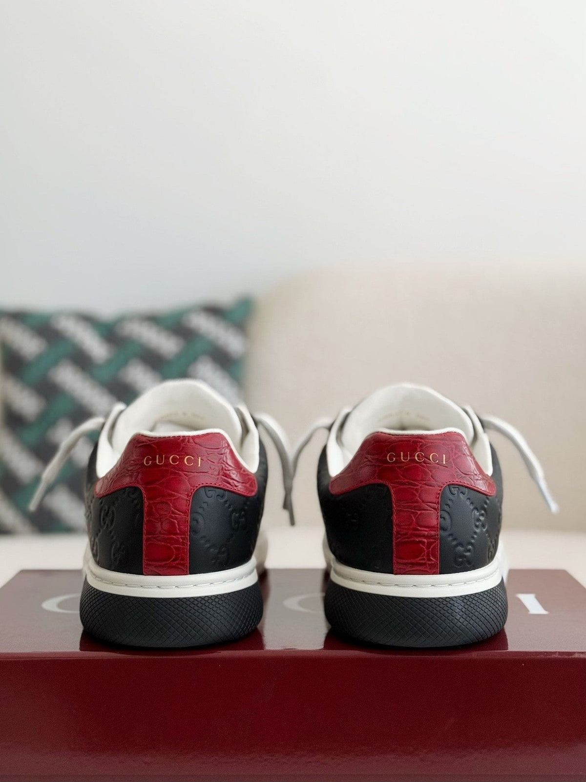 Gucci Re-Web Sneaker – Black GG Embossed Leather with Red & Blue Web