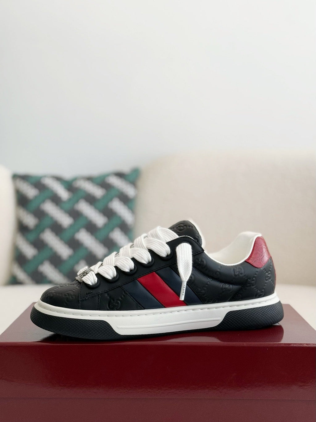 Gucci Re-Web Sneaker – Black GG Embossed Leather with Red & Blue Web