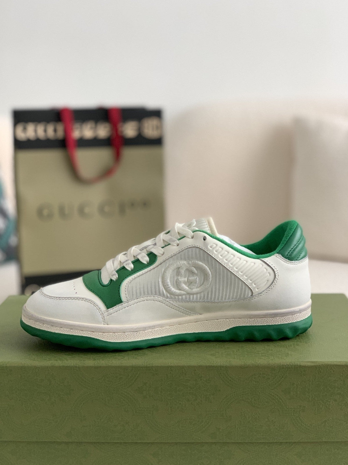 Gucci Re-Web Sneaker – White Leather & Green Mesh