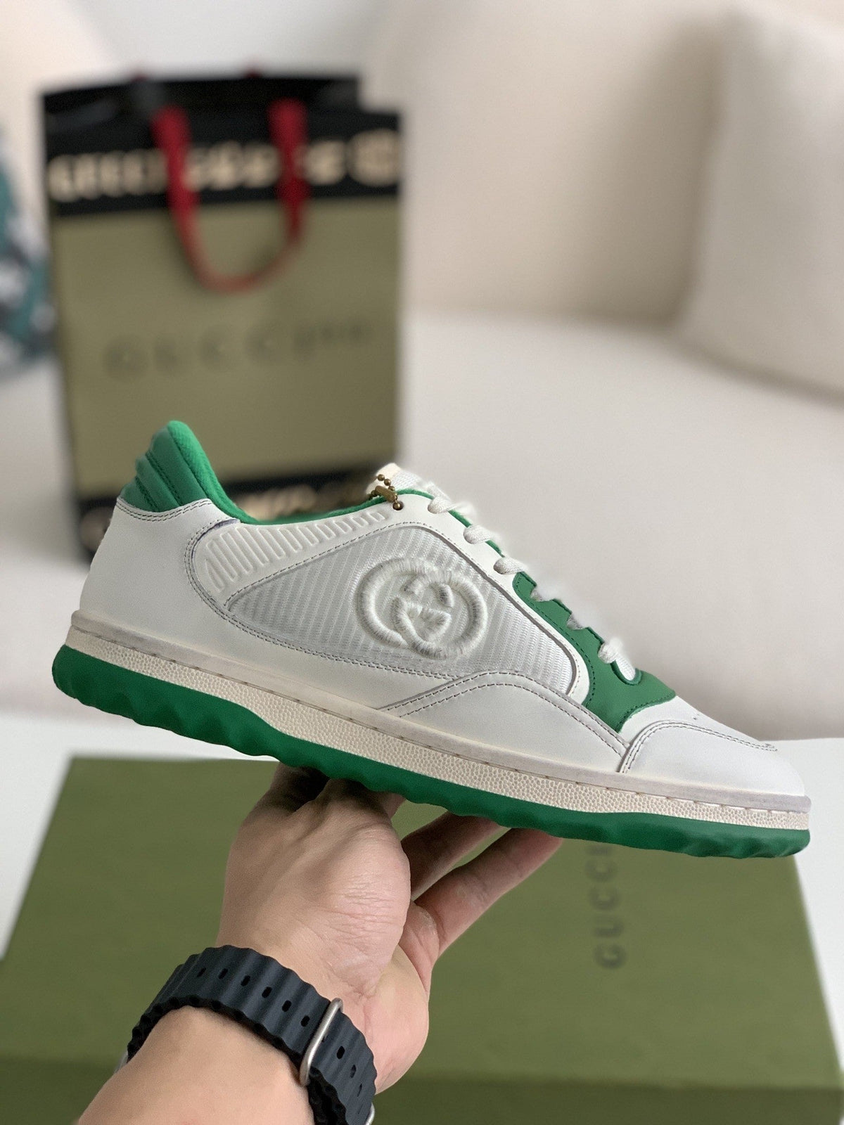 Gucci Re-Web Sneaker – White Leather & Green Mesh
