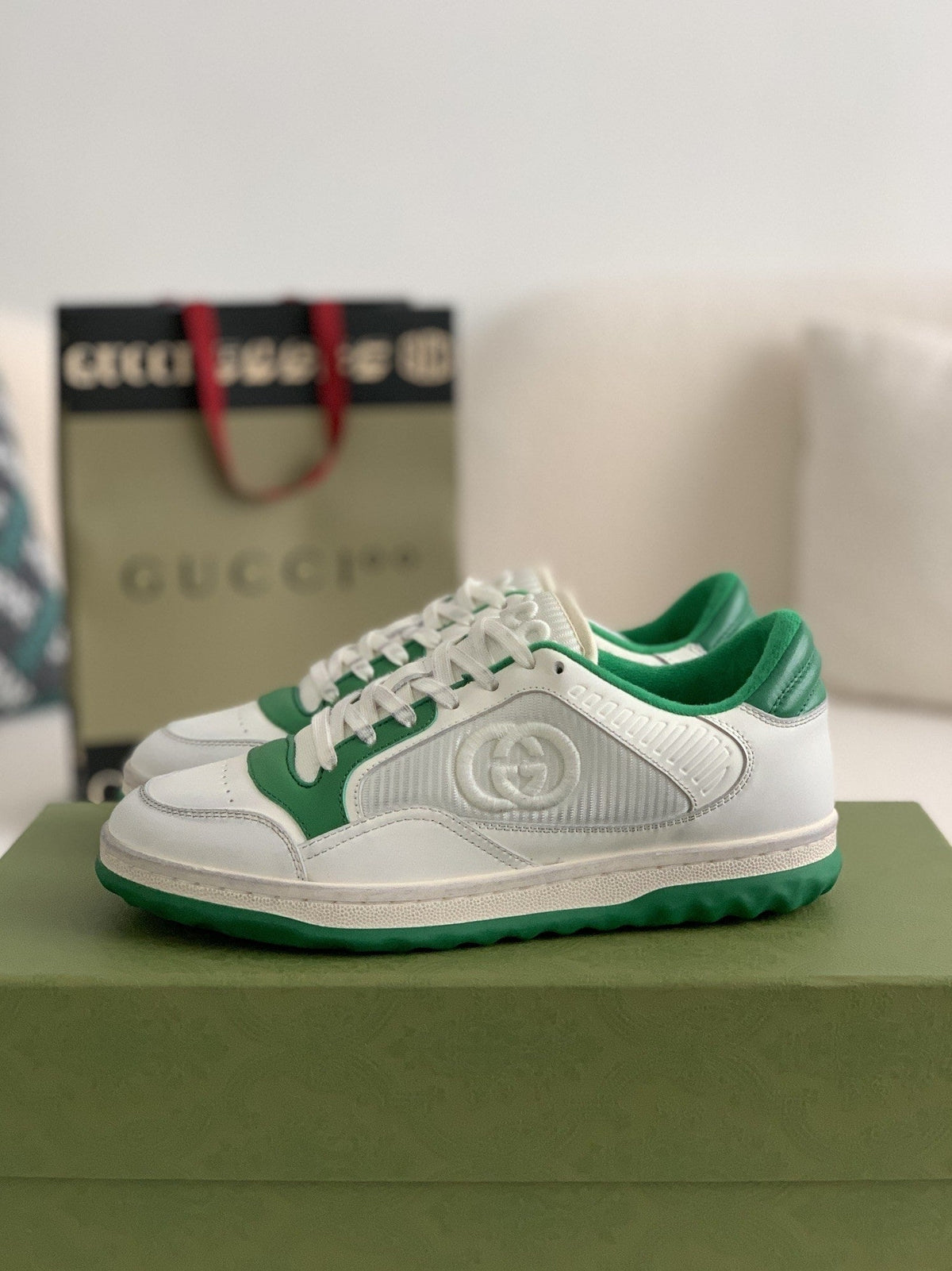 Gucci Re-Web Sneaker – White Leather & Green Mesh