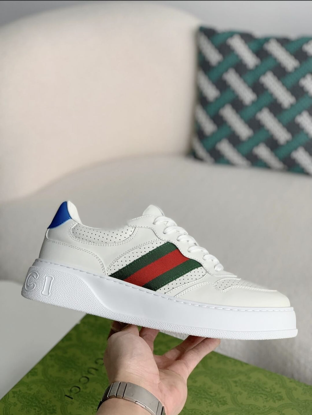 Gucci Re-Web Sneaker – White Leather with Green & Red Web