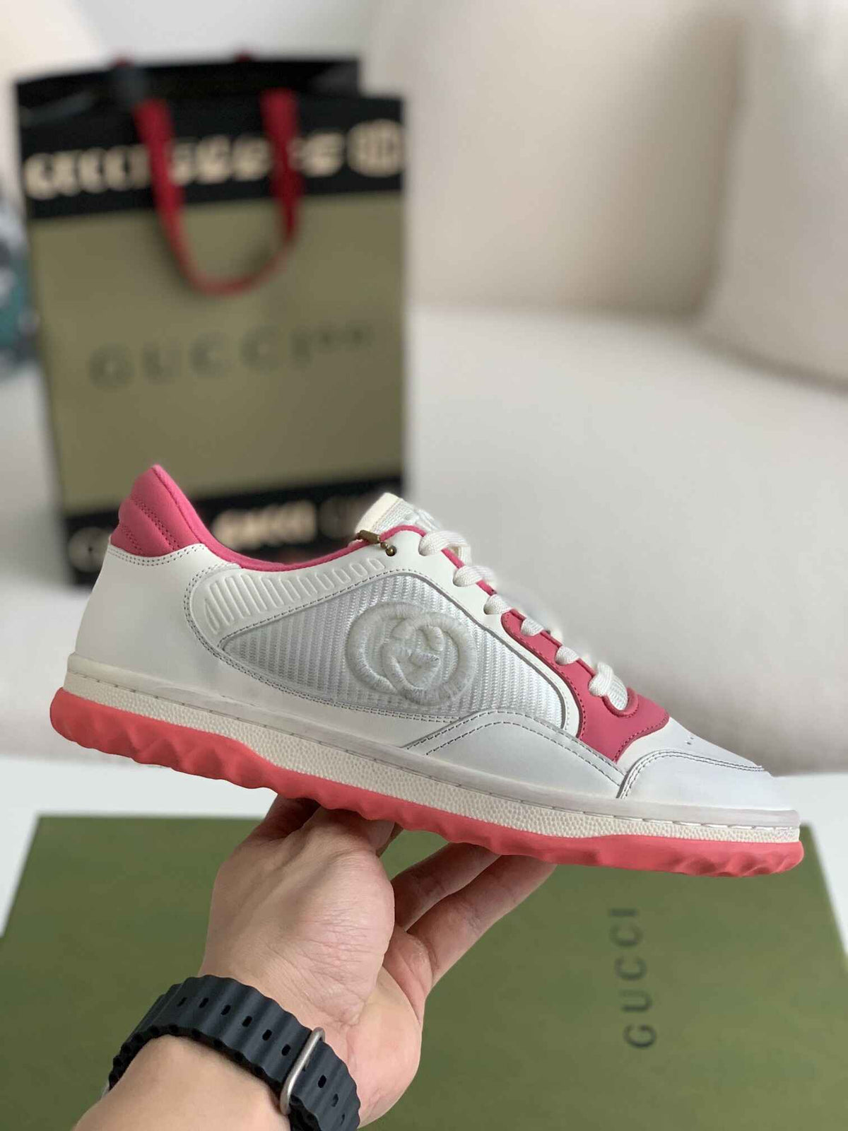 Gucci Re-Web Sneaker – White & Pink Leather Mesh