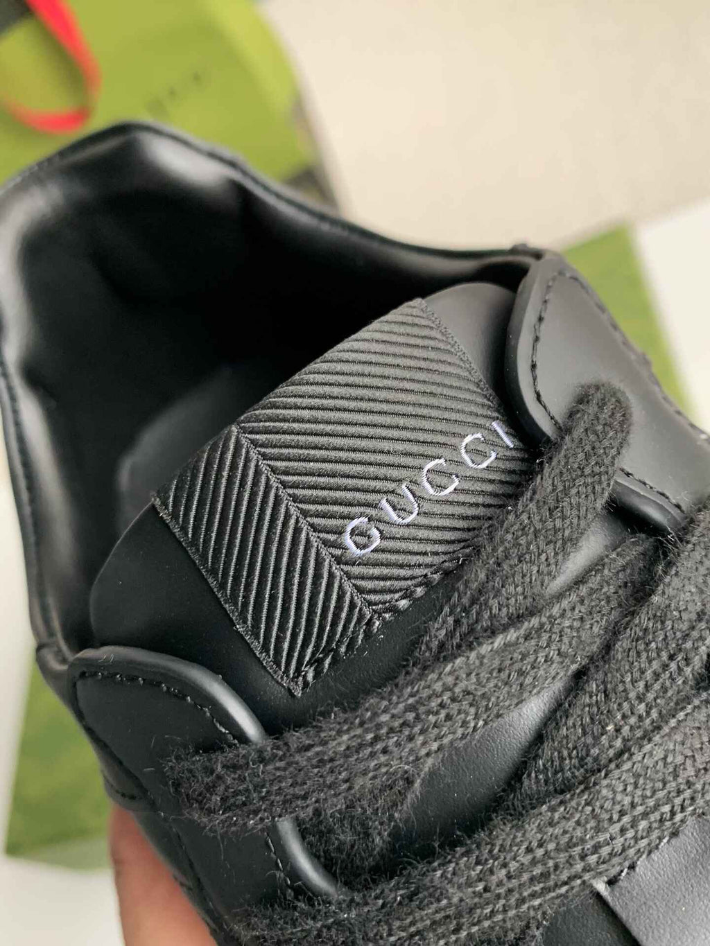 Gucci Rhyton Sneaker – Black Leather with White Interlocking G