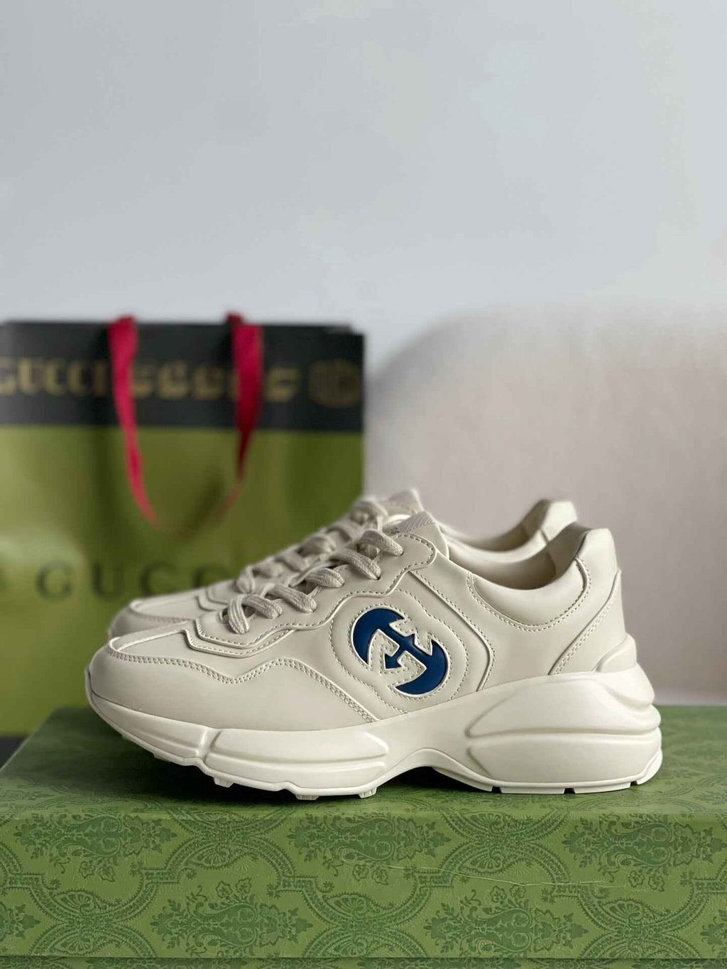 Gucci Rhyton Sneaker – Ivory Leather with Blue Interlocking G