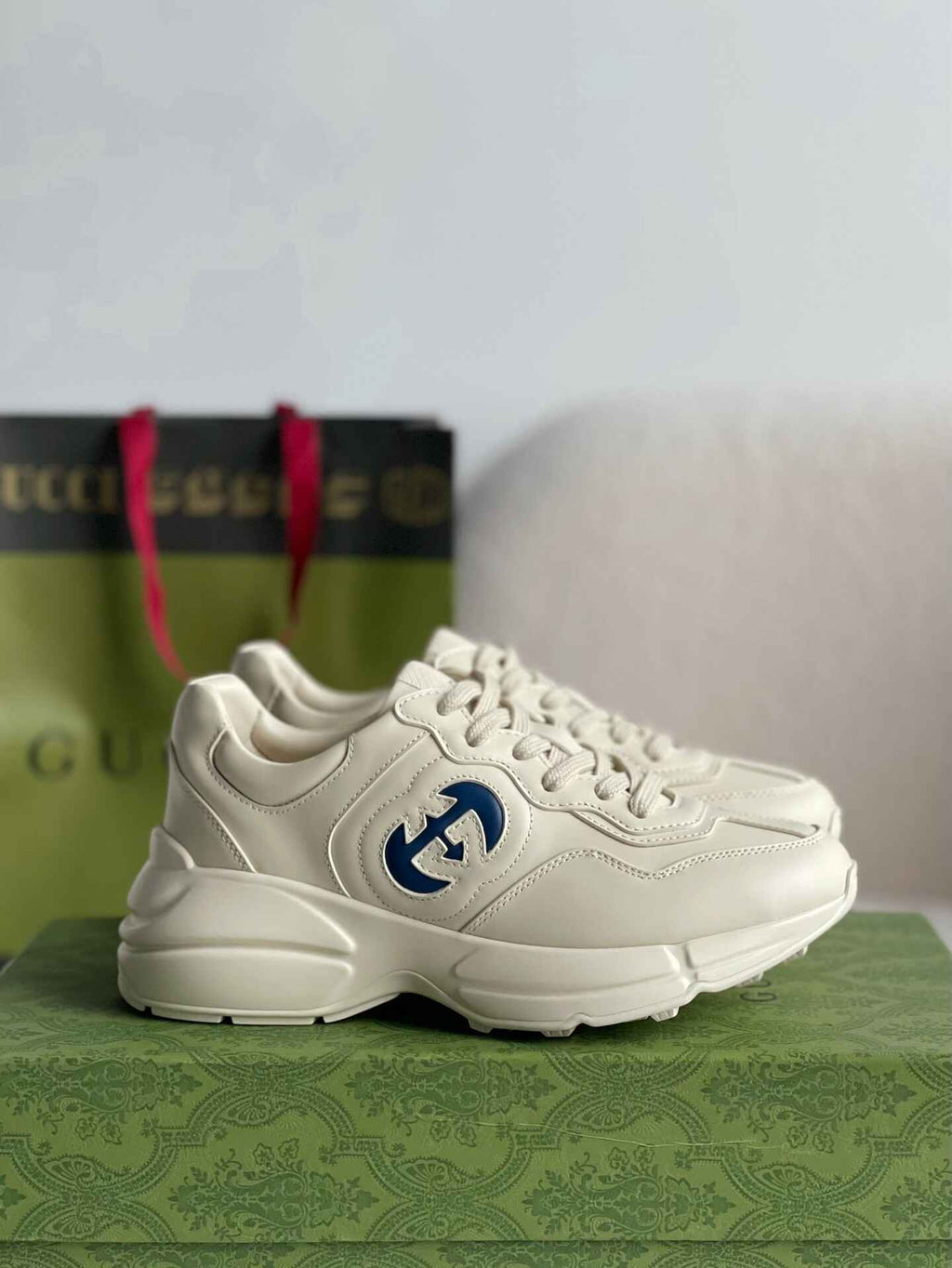 Gucci Rhyton Sneaker – Ivory Leather with Blue Interlocking G