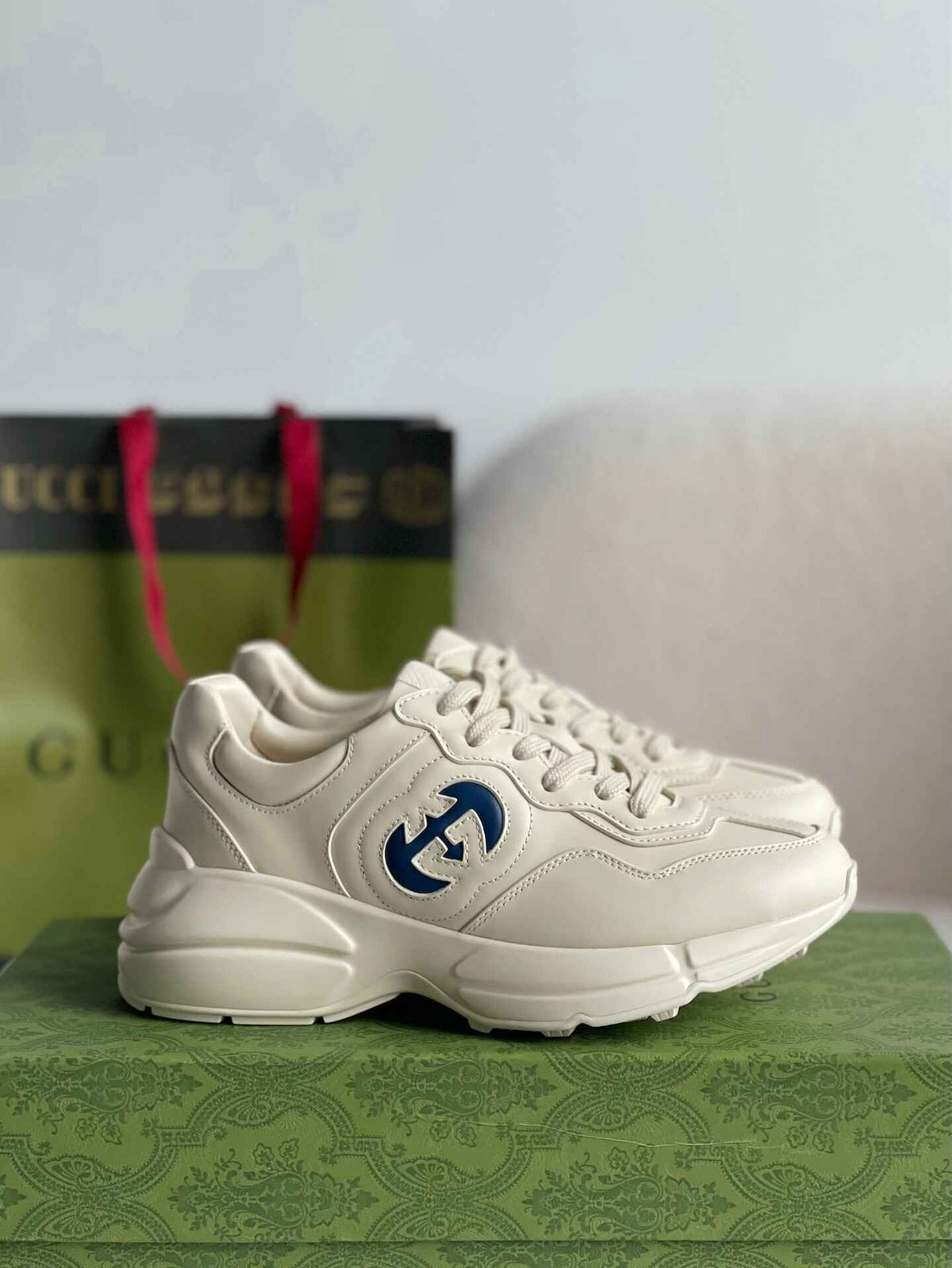 Gucci Rhyton Sneaker – Ivory Leather with Blue Interlocking G