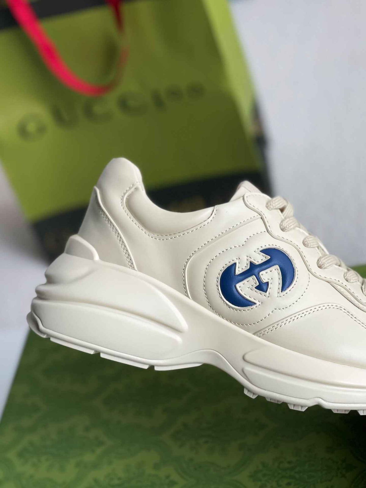 Gucci Rhyton Sneaker – Ivory Leather with Blue Interlocking G