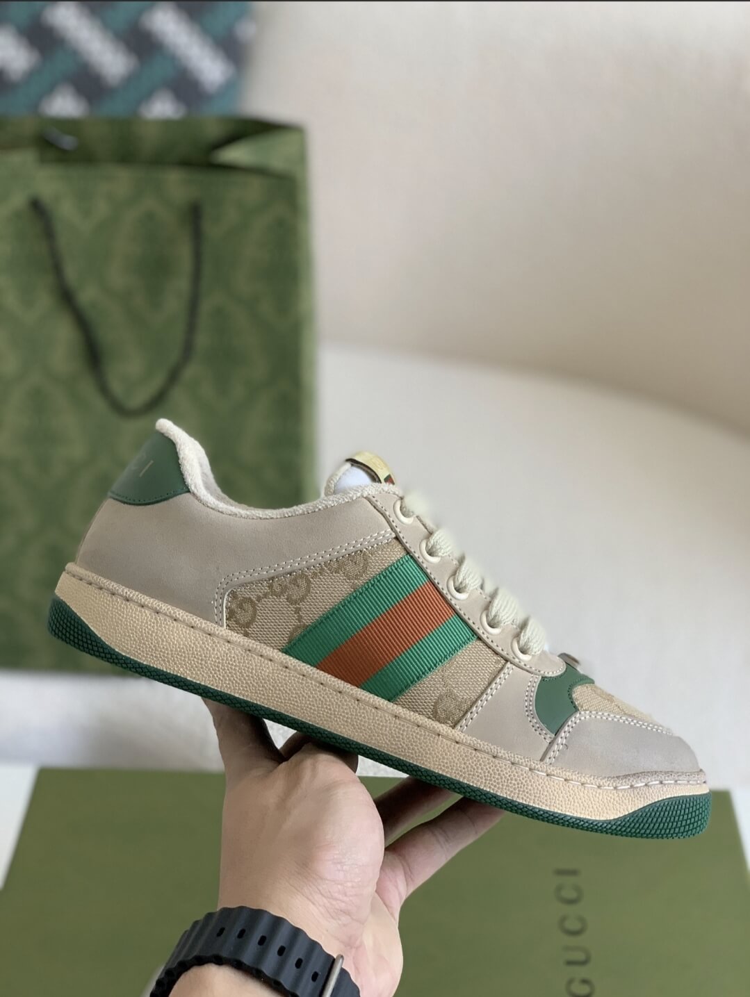 Gucci Screener Sneaker – Beige & Grey Leather with Green/Orange Web