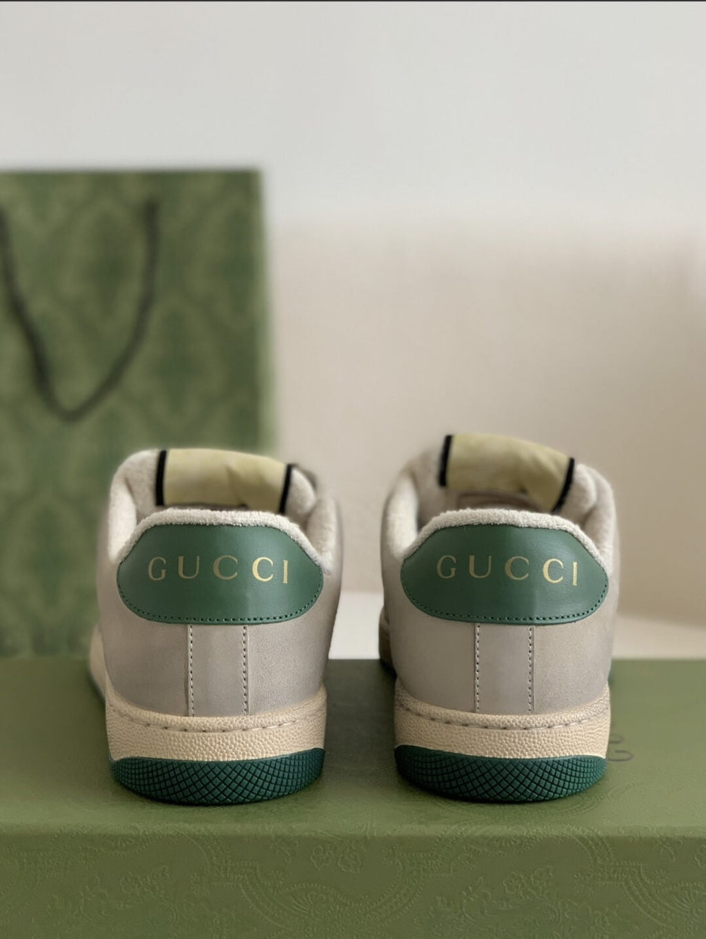 Gucci Screener Sneaker – Beige & Grey Leather with Green/Orange Web