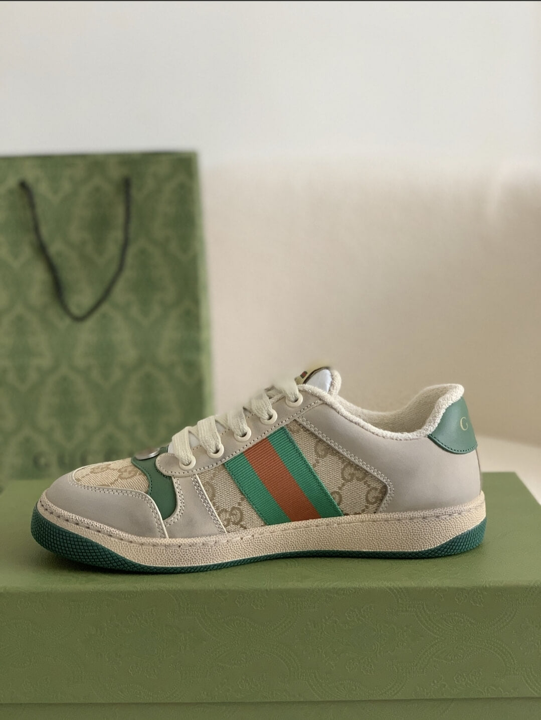 Gucci Screener Sneaker – Beige & Grey Leather with Green/Orange Web
