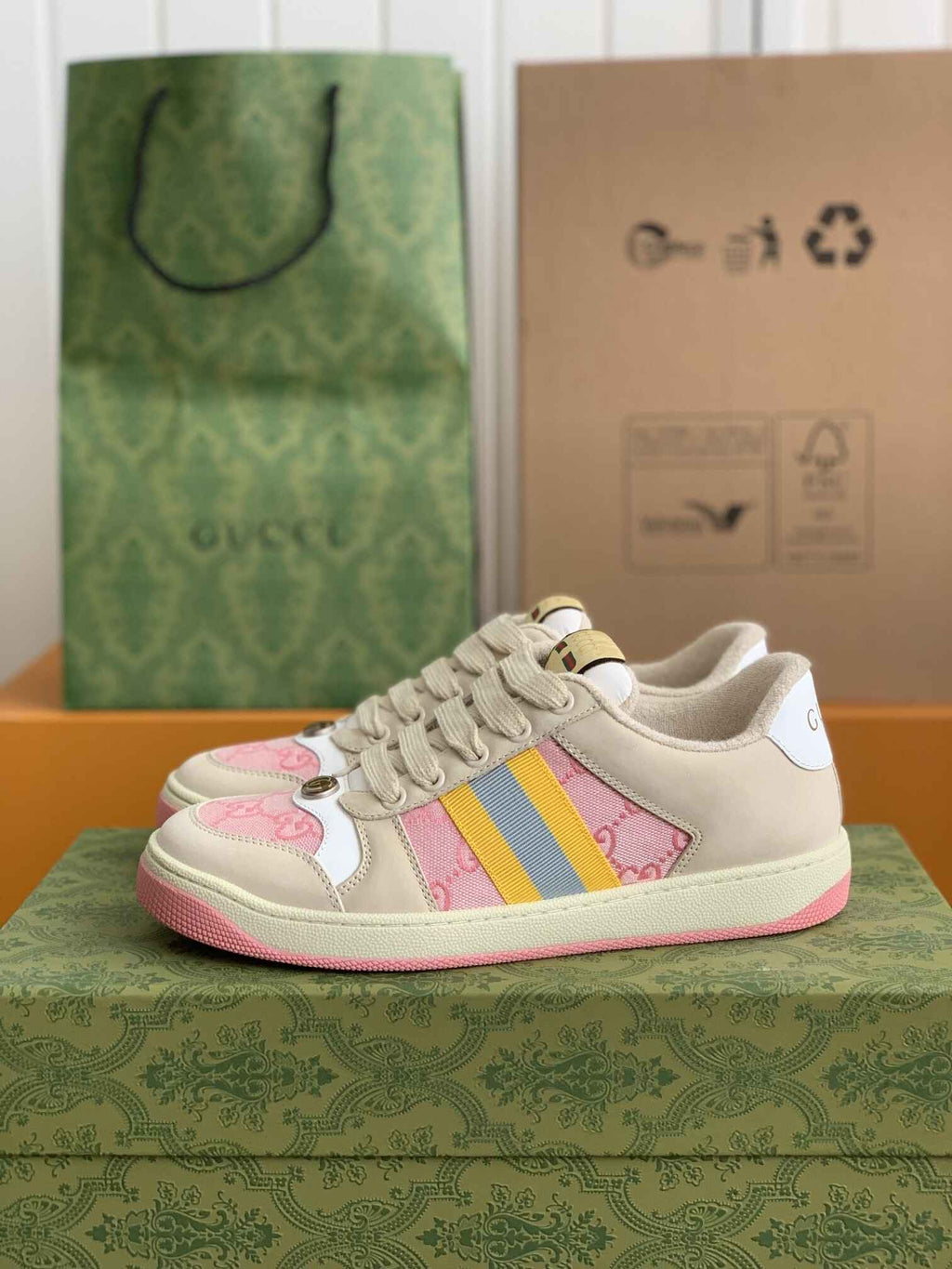 Gucci Screener Sneaker – Beige & Pink GG Canvas with Blue/Yellow Web
