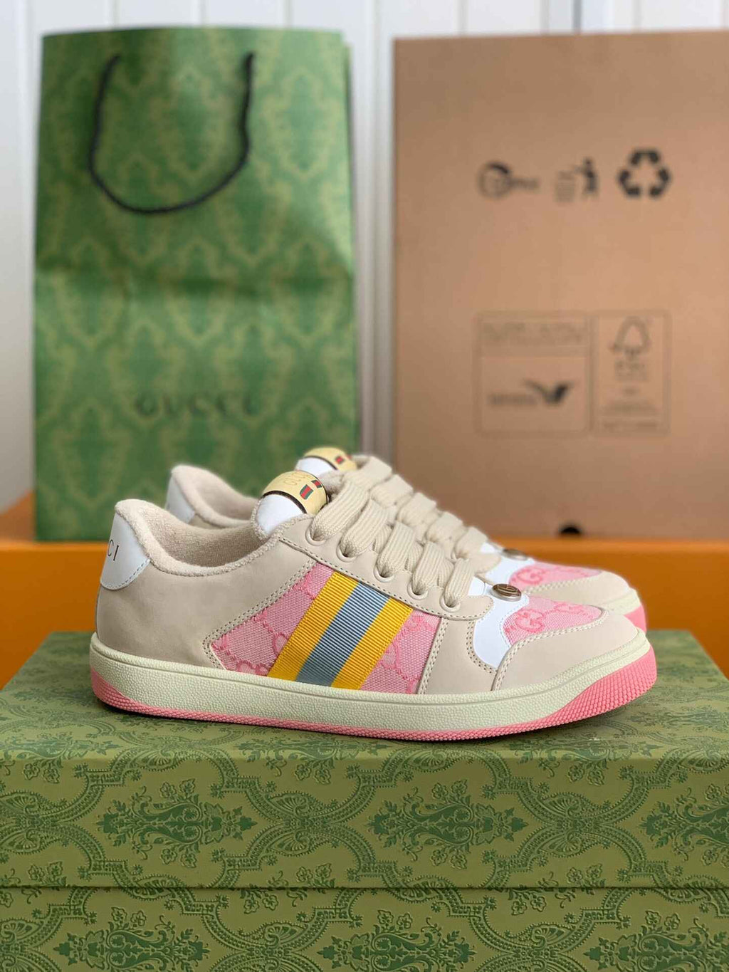 Gucci Screener Sneaker – Beige & Pink GG Canvas with Blue/Yellow Web