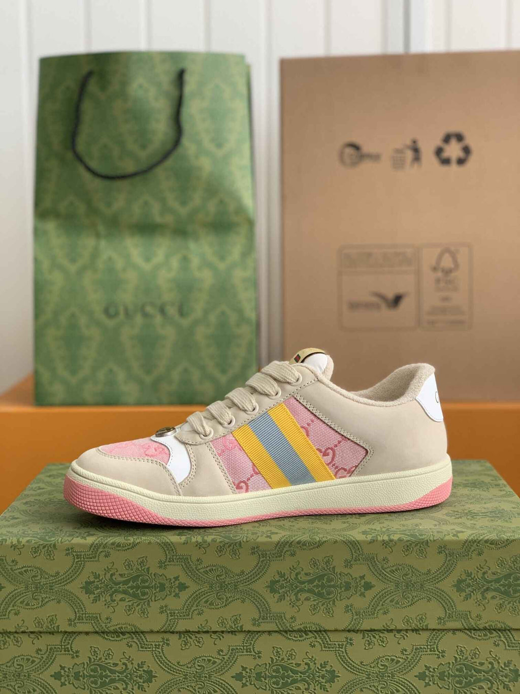 Gucci Screener Sneaker – Beige & Pink GG Canvas with Blue/Yellow Web
