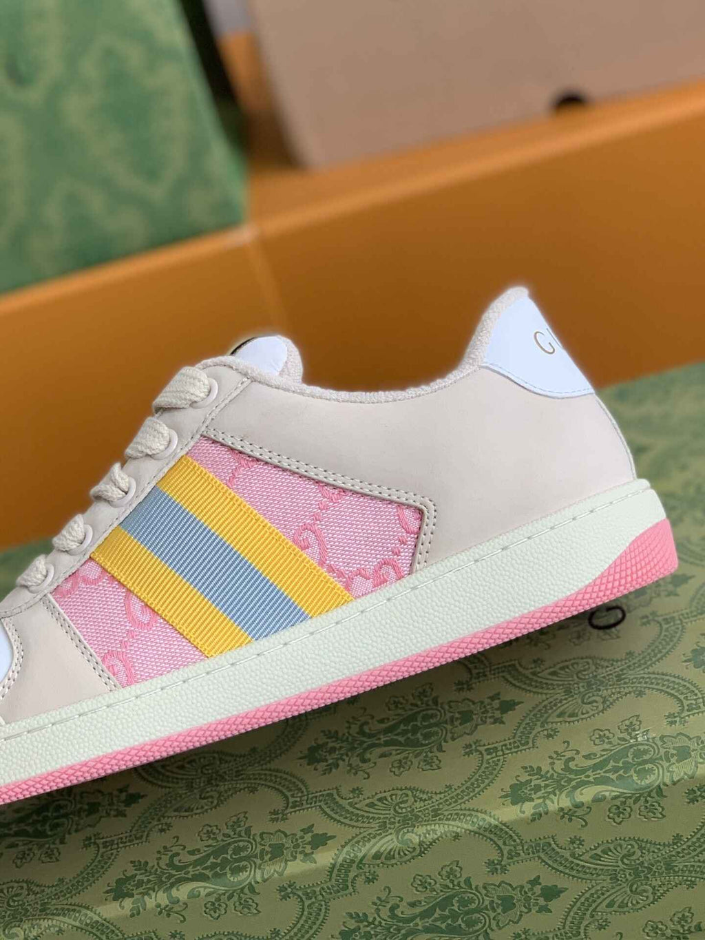 Gucci Screener Sneaker – Beige & Pink GG Canvas with Blue/Yellow Web