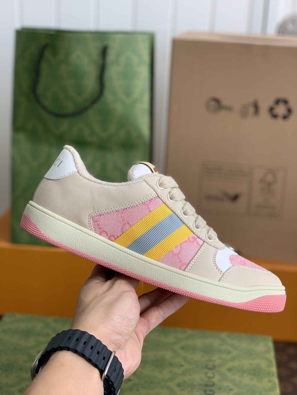 Gucci Screener Sneaker – Beige & Pink GG Canvas with Blue/Yellow Web