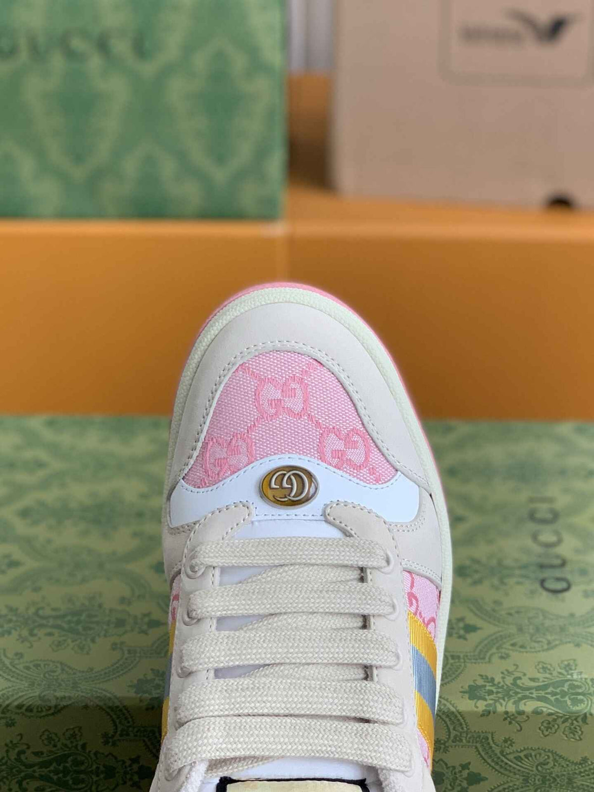 Gucci Screener Sneaker – Beige & Pink GG Canvas with Blue/Yellow Web