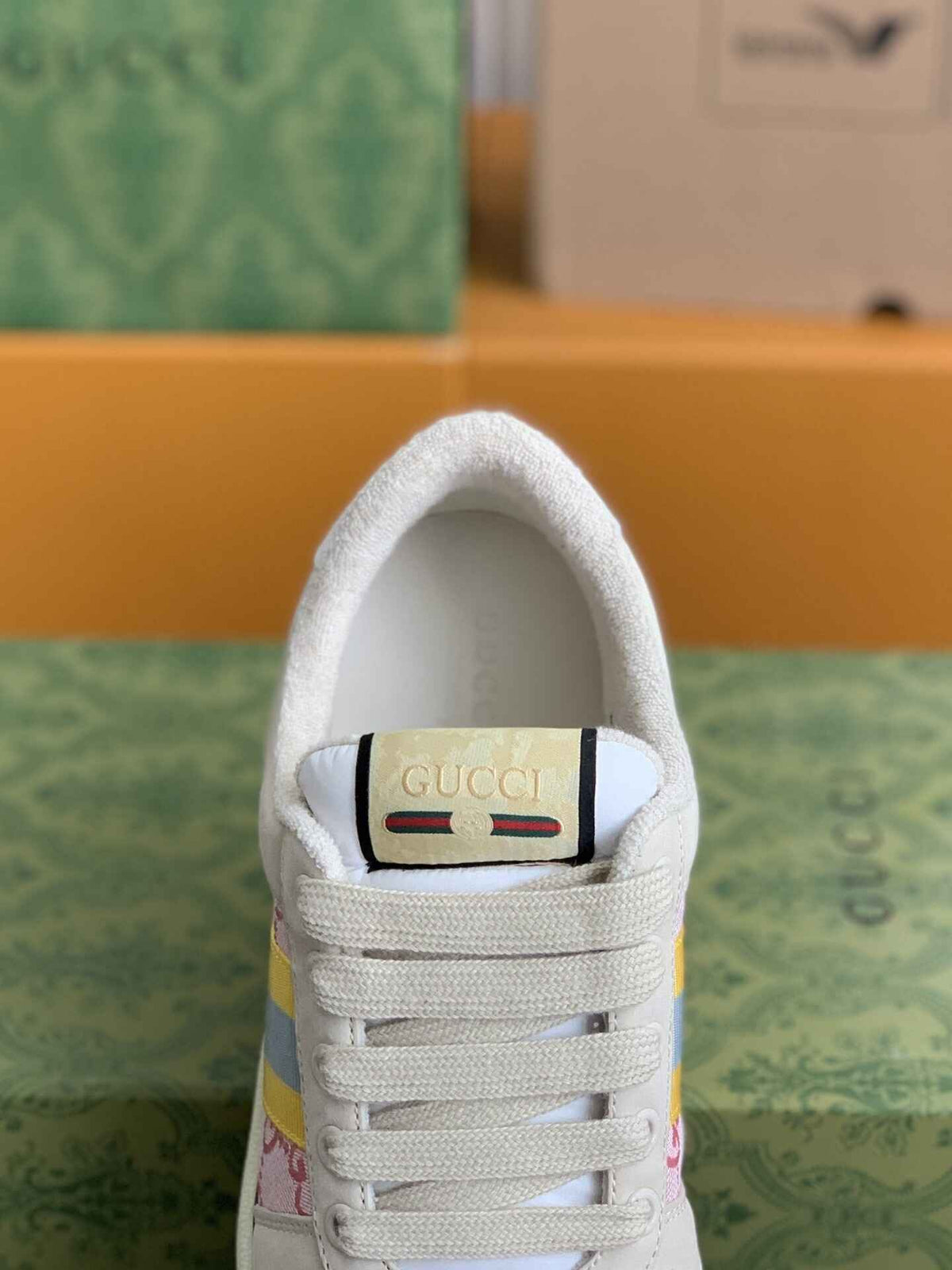 Gucci Screener Sneaker – Beige & Pink GG Canvas with Blue/Yellow Web