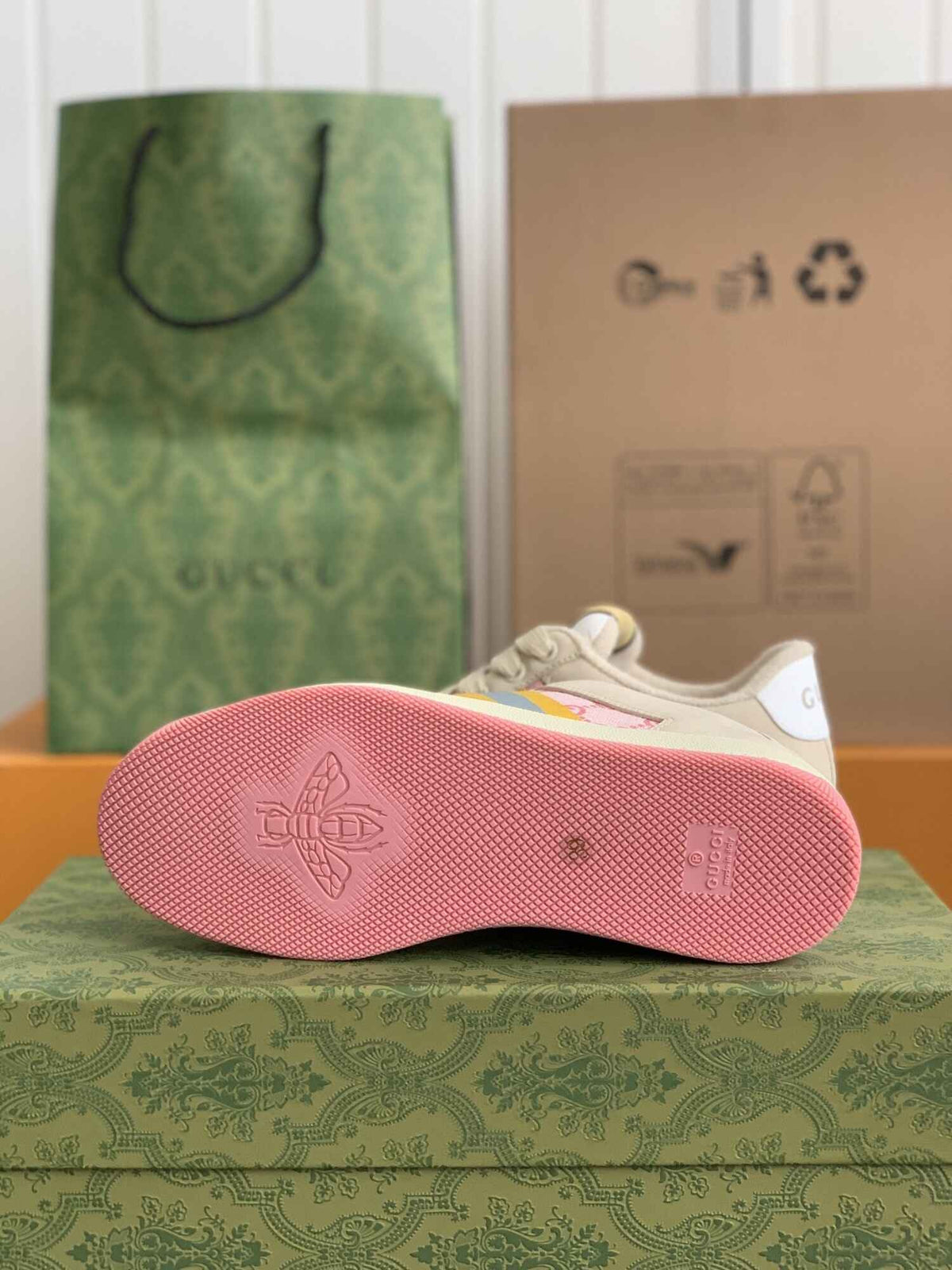 Gucci Screener Sneaker – Beige & Pink GG Canvas with Blue/Yellow Web
