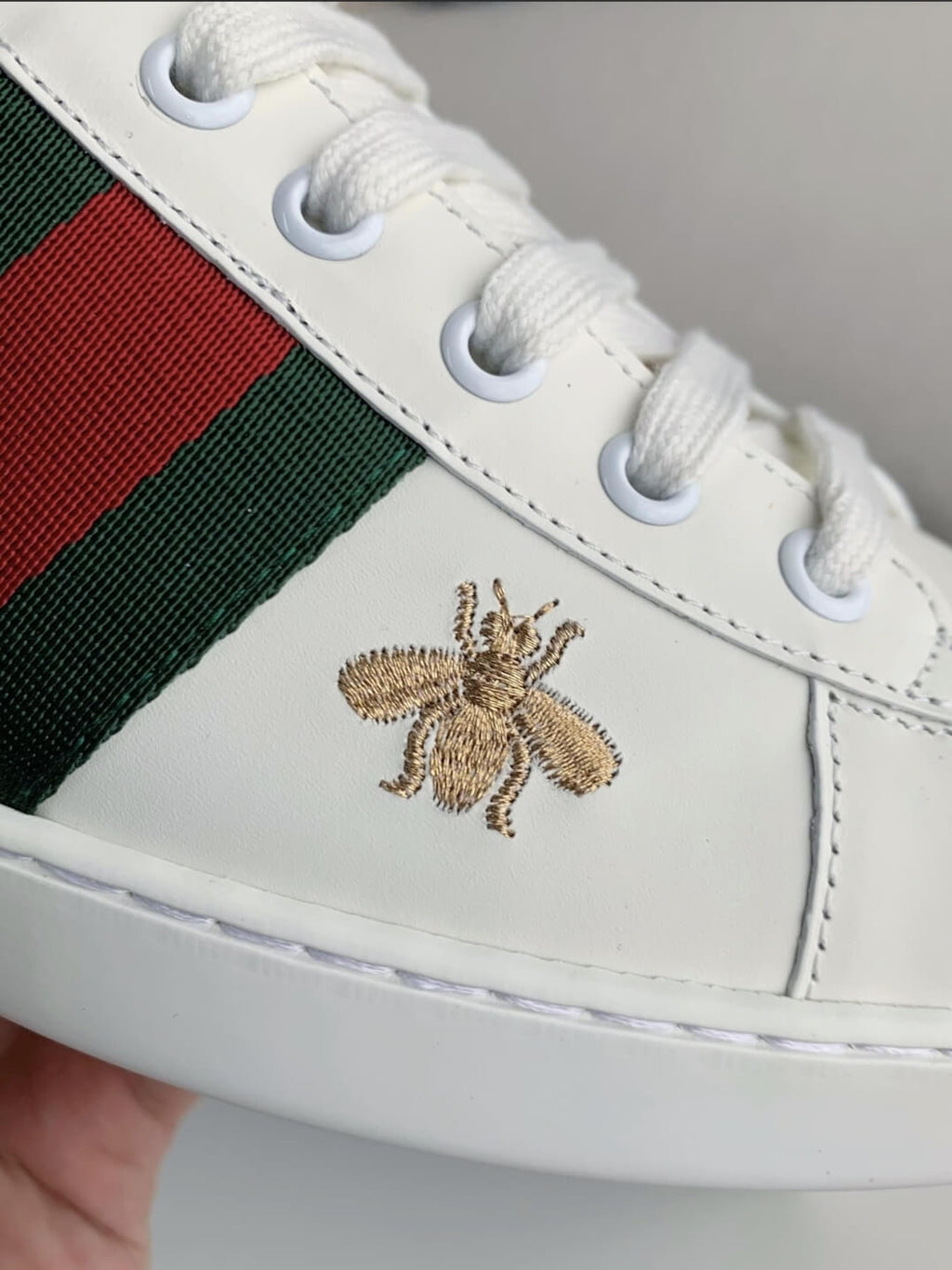 Gucci Ace Bee & Star Embroidered Web Stripe Sneaker White Leather