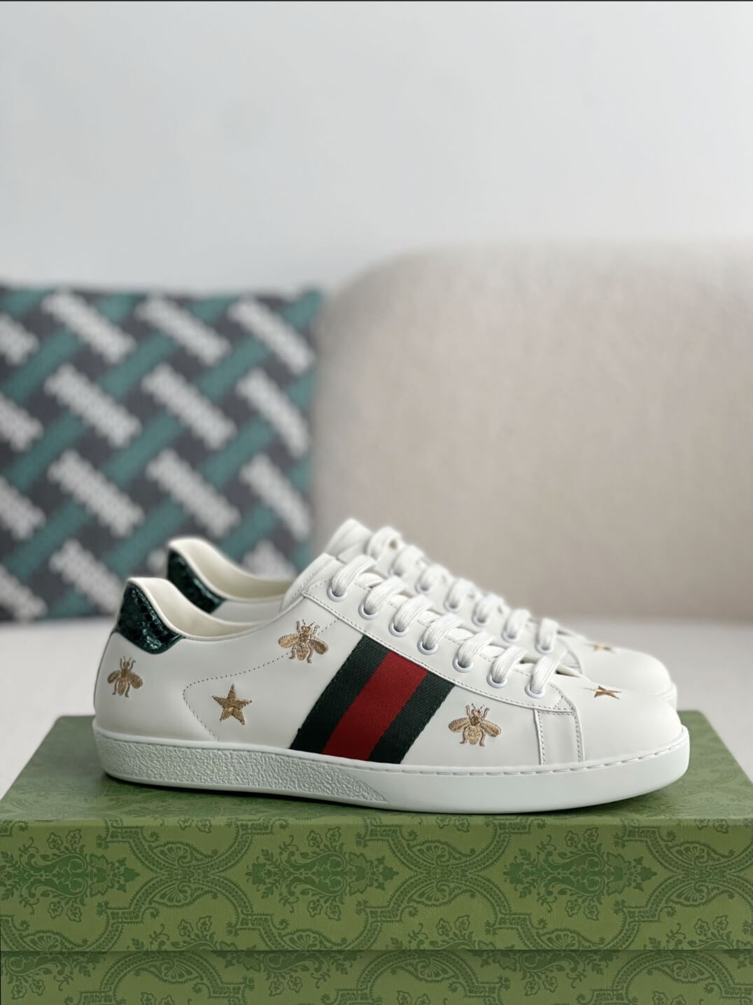 Gucci Ace Bee & Star Embroidered Web Stripe Sneaker White Leather