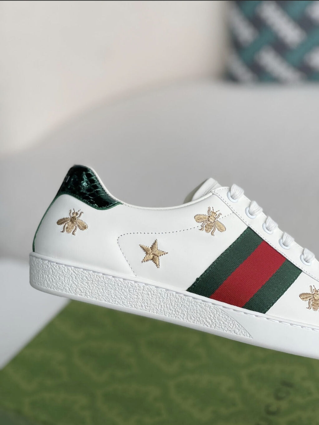Gucci Ace Bee & Star Embroidered Web Stripe Sneaker White Leather
