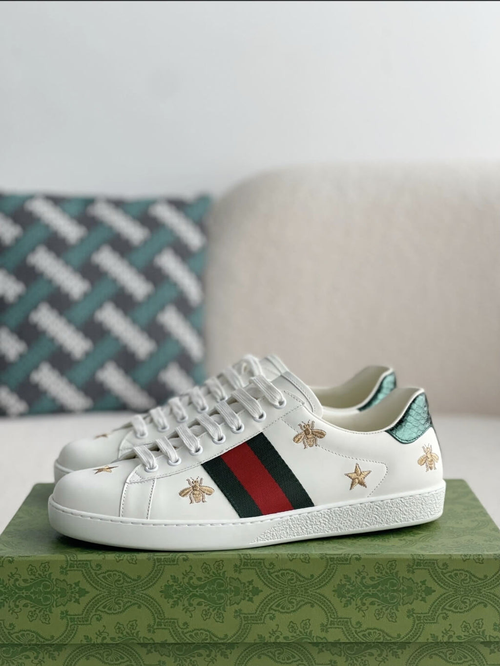 Gucci Ace Bee & Star Embroidered Web Stripe Sneaker White Leather