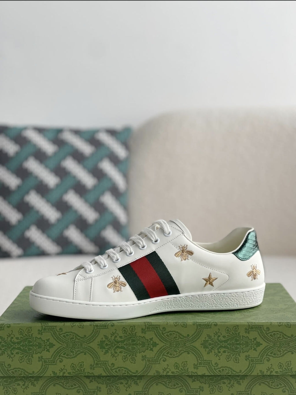 Gucci Ace Bee & Star Embroidered Web Stripe Sneaker White Leather