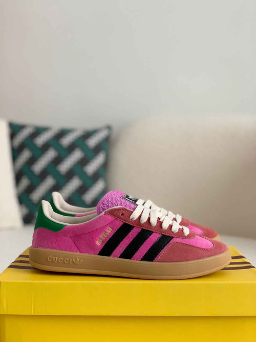 Adidas x Gucci Gazelle Sneaker in Pink Suede with Black Stripes and Green Heel Tab