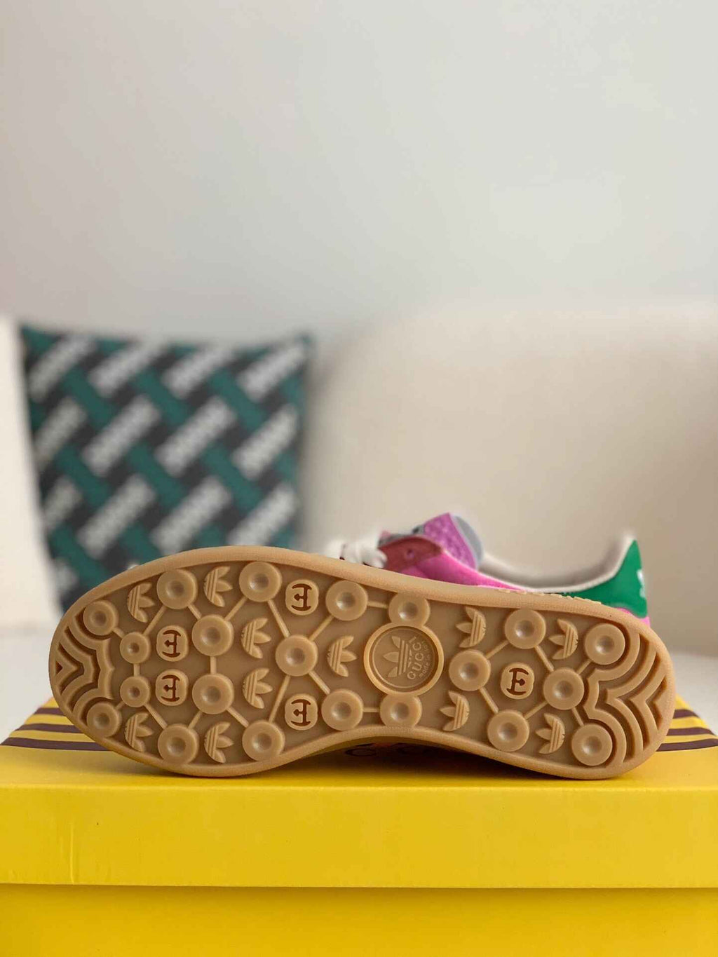 Adidas x Gucci Gazelle Sneaker in Pink Suede with Black Stripes and Green Heel Tab