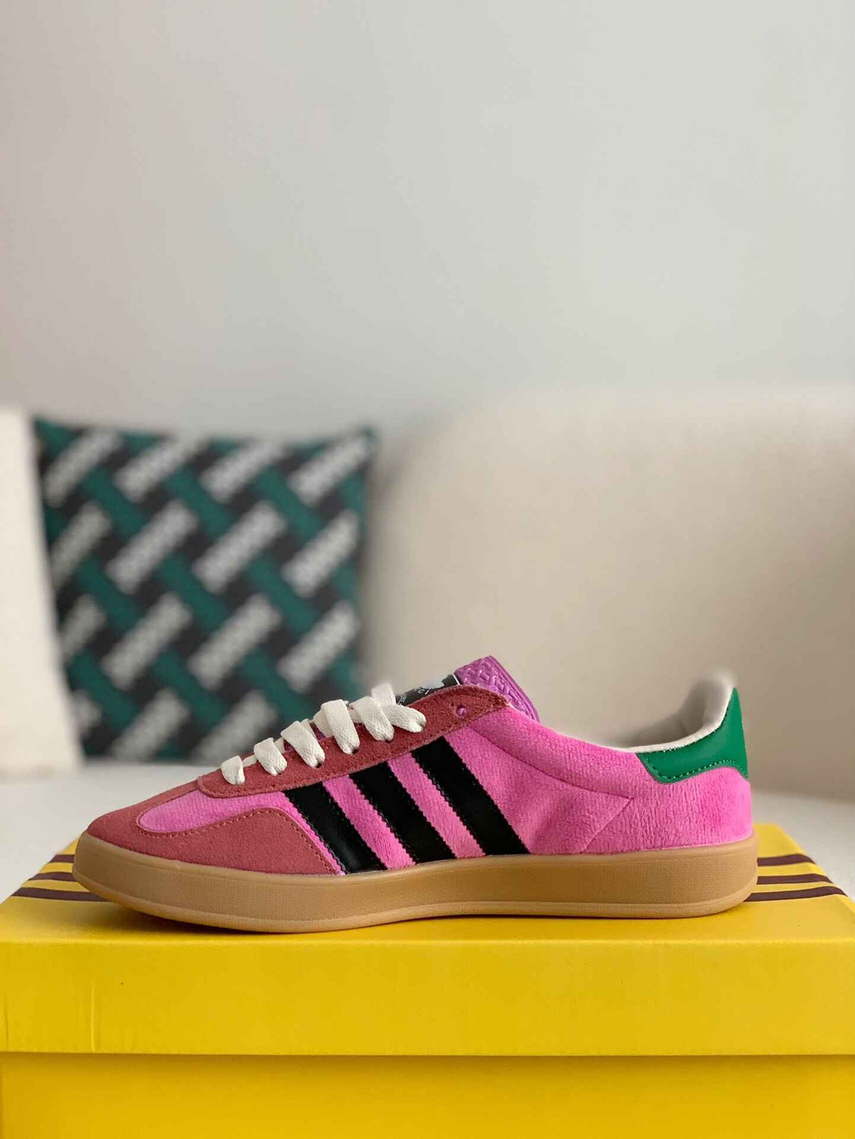 Adidas x Gucci Gazelle Sneaker in Pink Suede with Black Stripes and Green Heel Tab