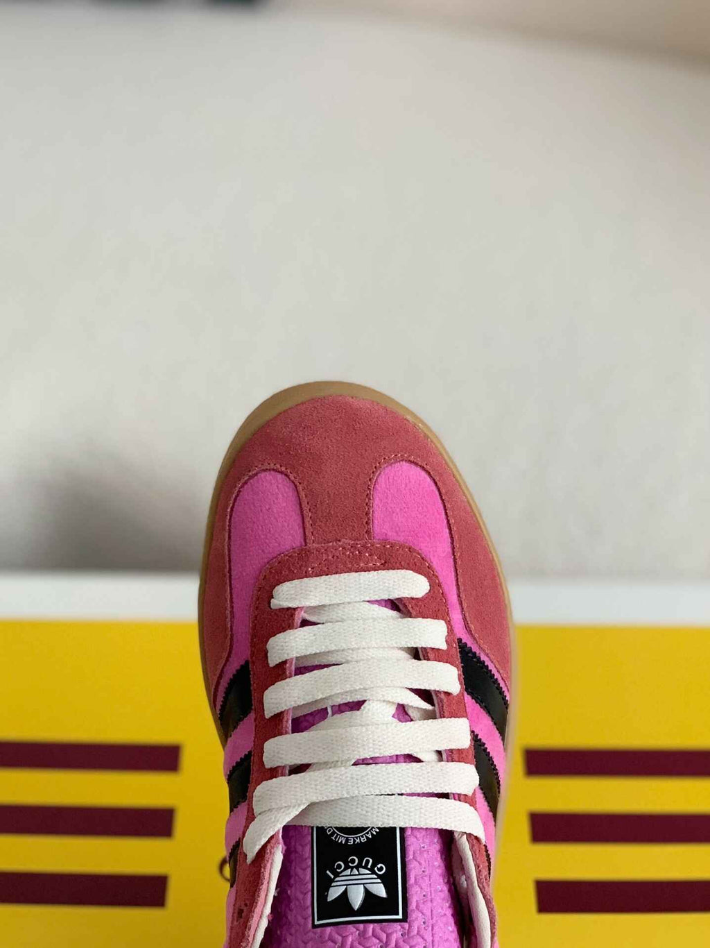 Adidas x Gucci Gazelle Sneaker in Pink Suede with Black Stripes and Green Heel Tab