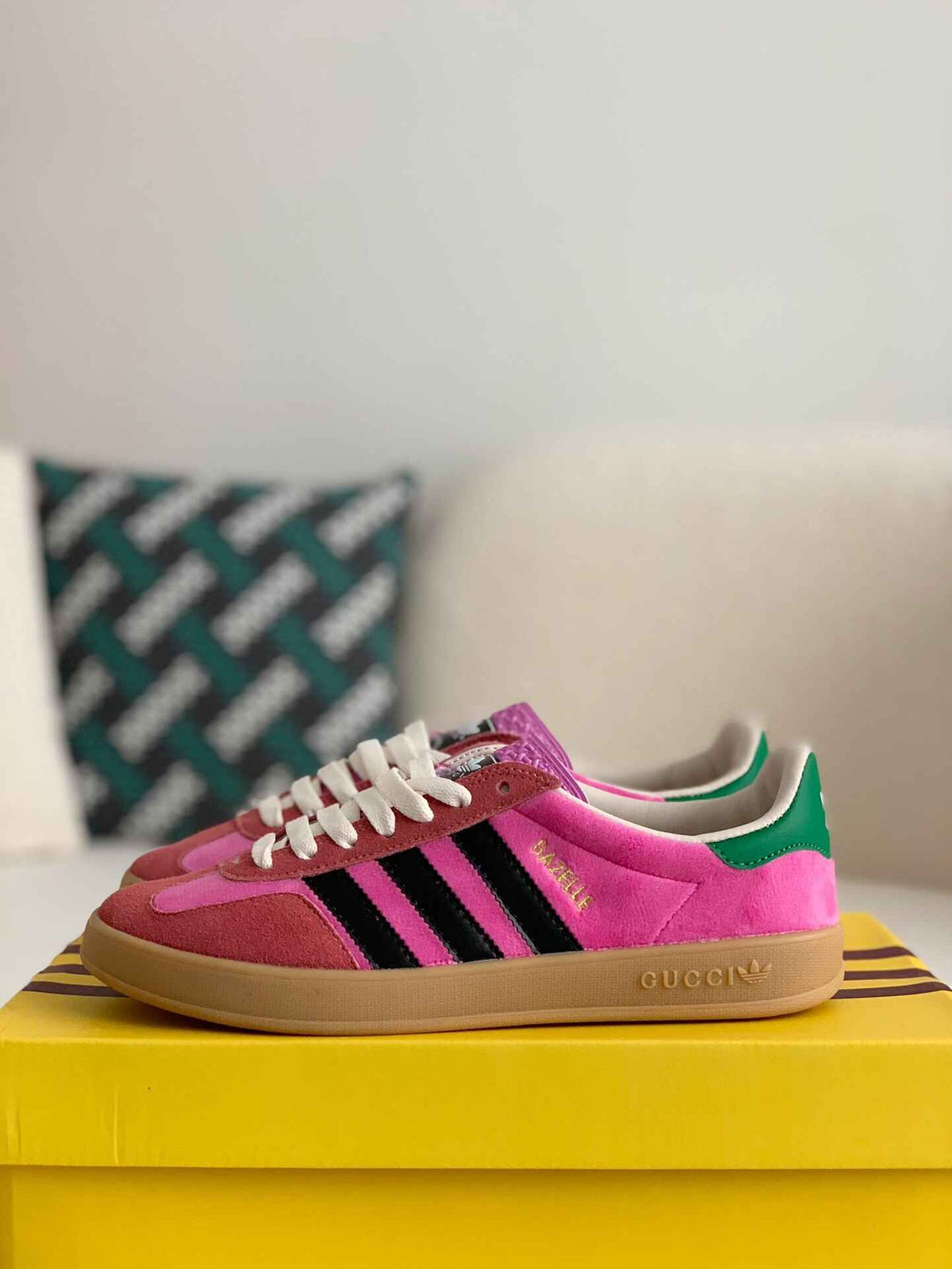 Adidas x Gucci Gazelle Sneaker in Pink Suede with Black Stripes and Green Heel Tab