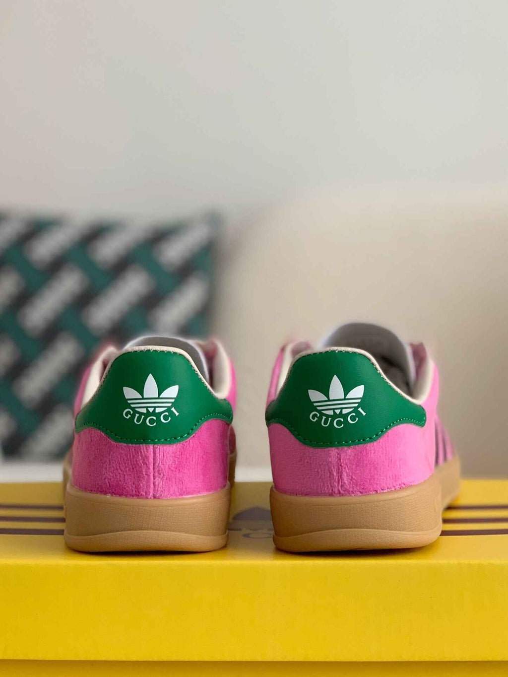 Adidas x Gucci Gazelle Sneaker in Pink Suede with Black Stripes and Green Heel Tab