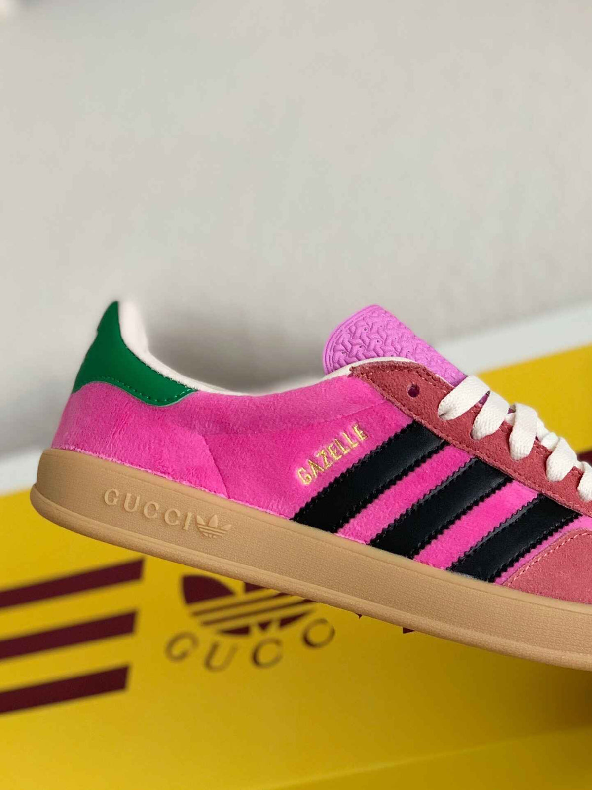 Adidas x Gucci Gazelle Sneaker in Pink Suede with Black Stripes and Green Heel Tab