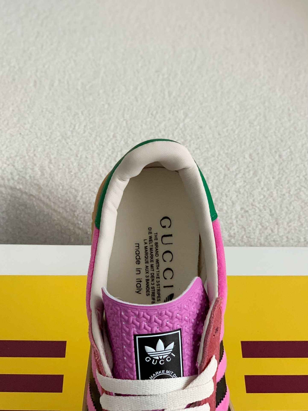 Adidas x Gucci Gazelle Sneaker in Pink Suede with Black Stripes and Green Heel Tab