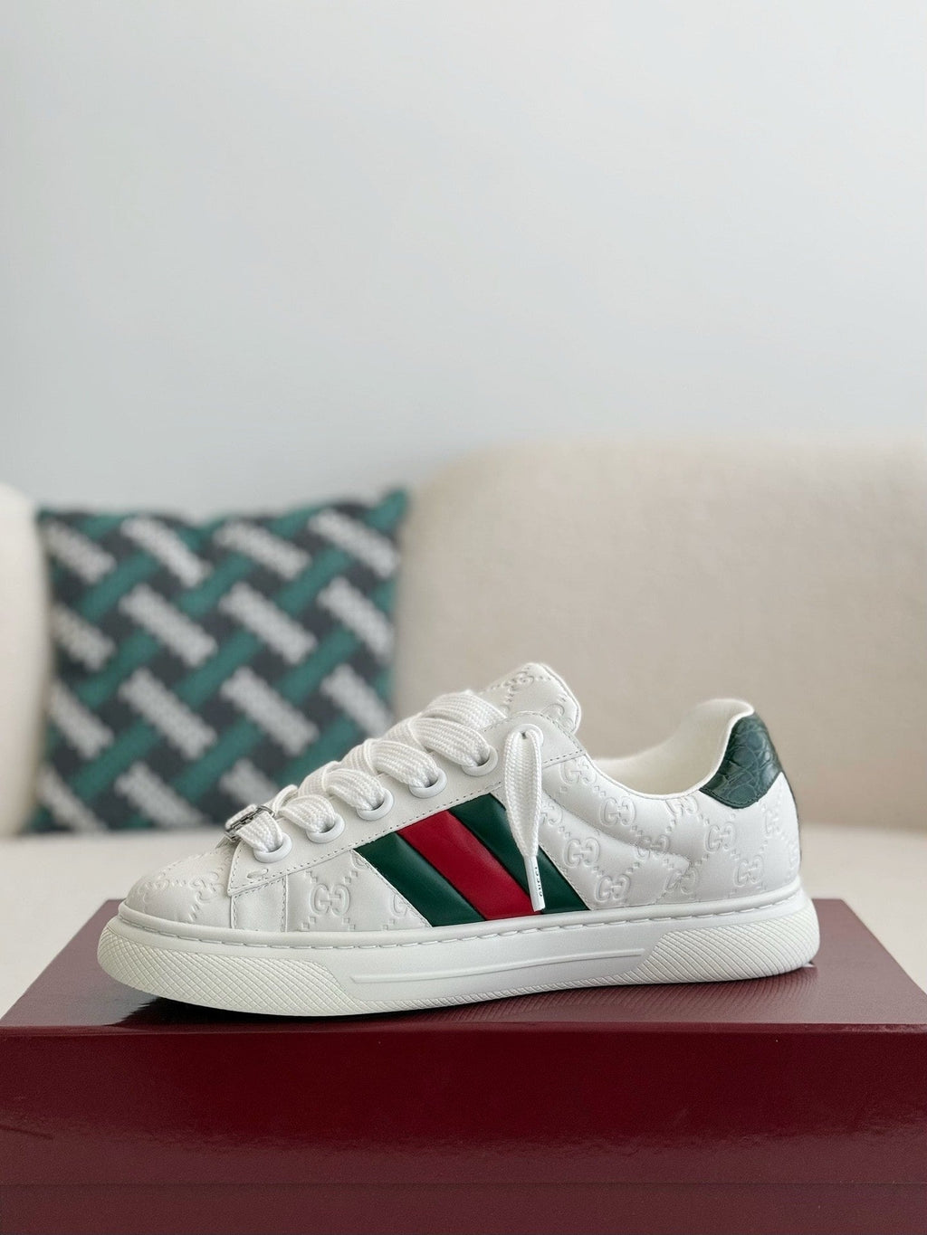 Gucci Ace Sneaker GG Embossed White Leather with Web Stripe and Green Croc Heel Tab