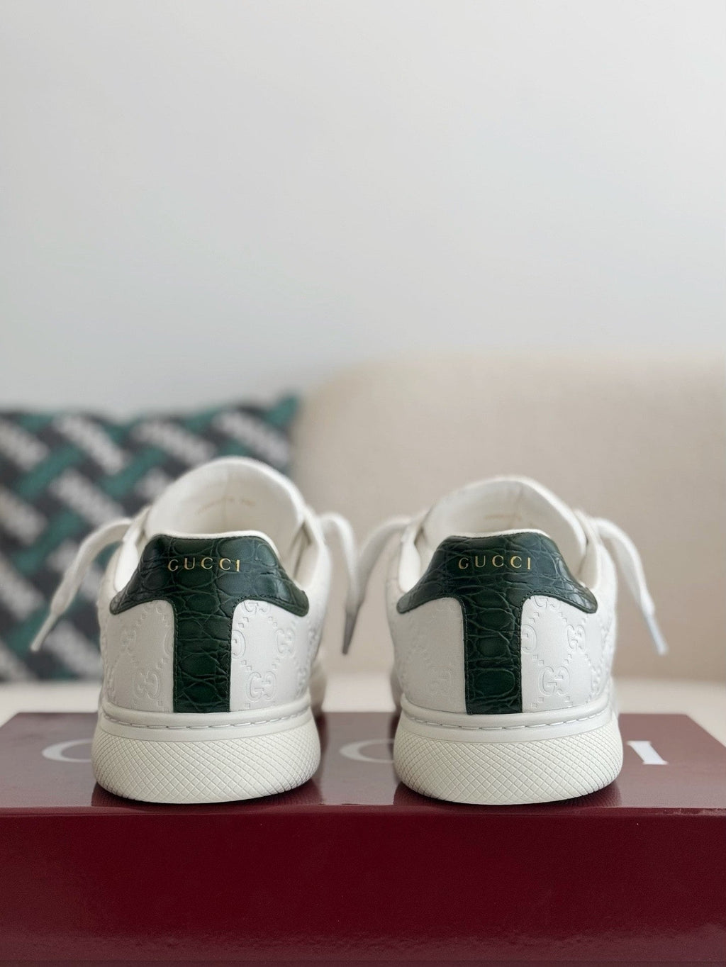 Gucci Ace Sneaker GG Embossed White Leather with Web Stripe and Green Croc Heel Tab