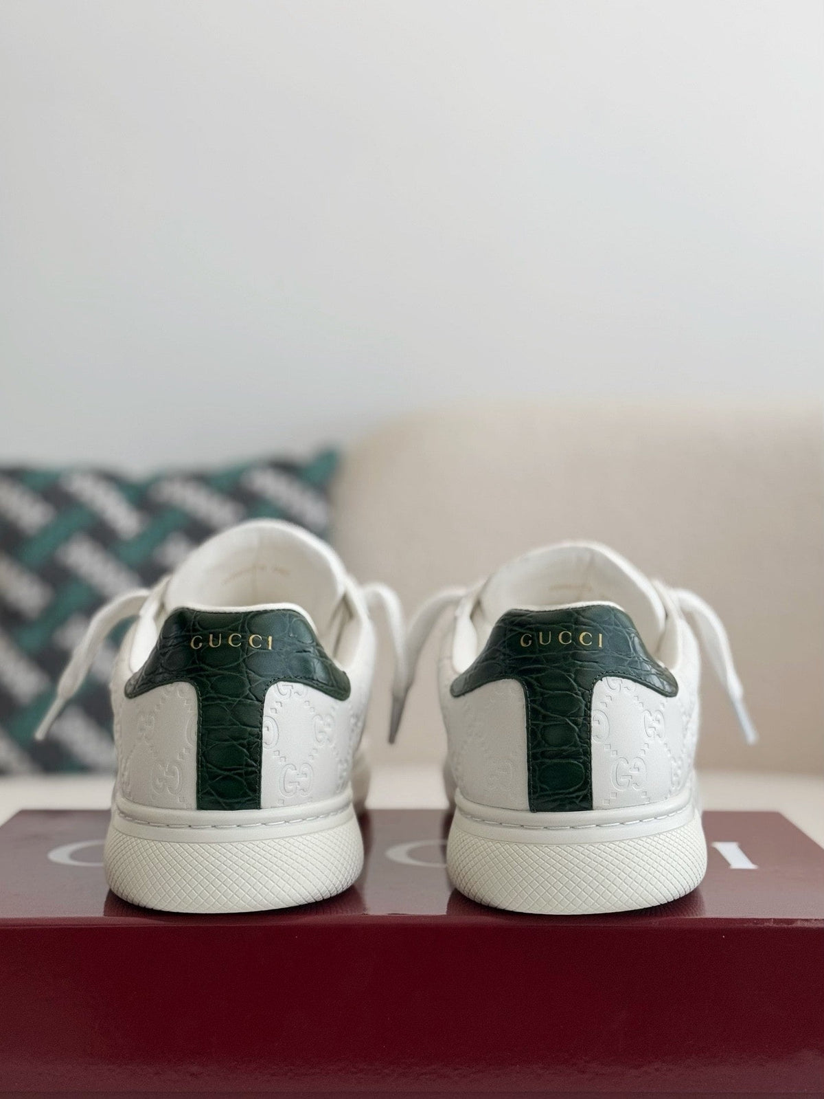 Gucci Ace Sneaker GG Embossed White Leather with Web Stripe and Green Croc Heel Tab