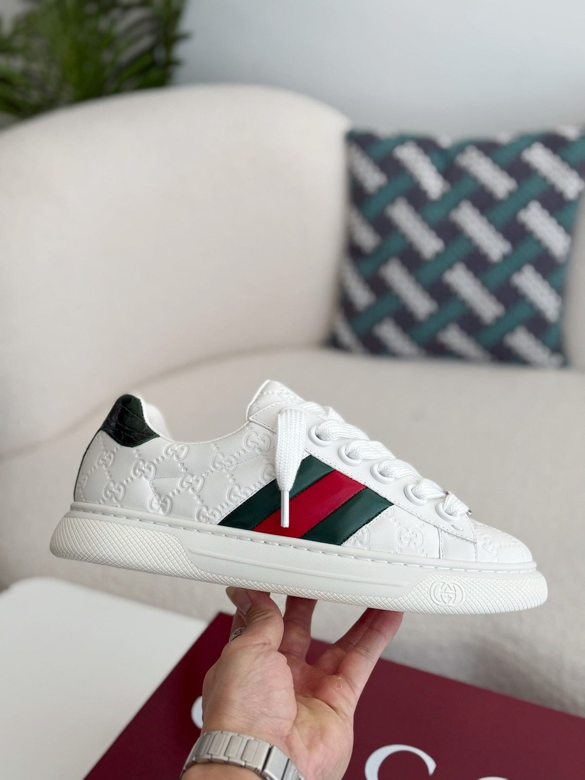 Gucci Ace Sneaker GG Embossed White Leather with Web Stripe and Green Croc Heel Tab