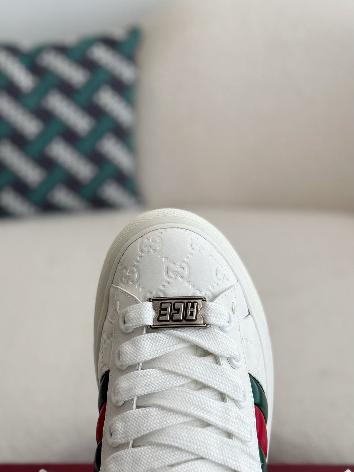 Gucci Ace Sneaker GG Embossed White Leather with Web Stripe and Green Croc Heel Tab